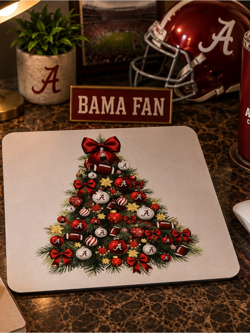 Alabama Crimson Red Holiday Mouse Pad with Festive Tree Design